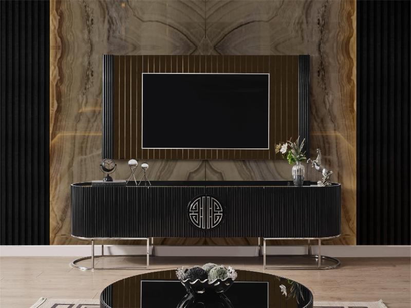 Gucci Siyah Renk Siyah Cam Krom Metal Tv Ünitesi